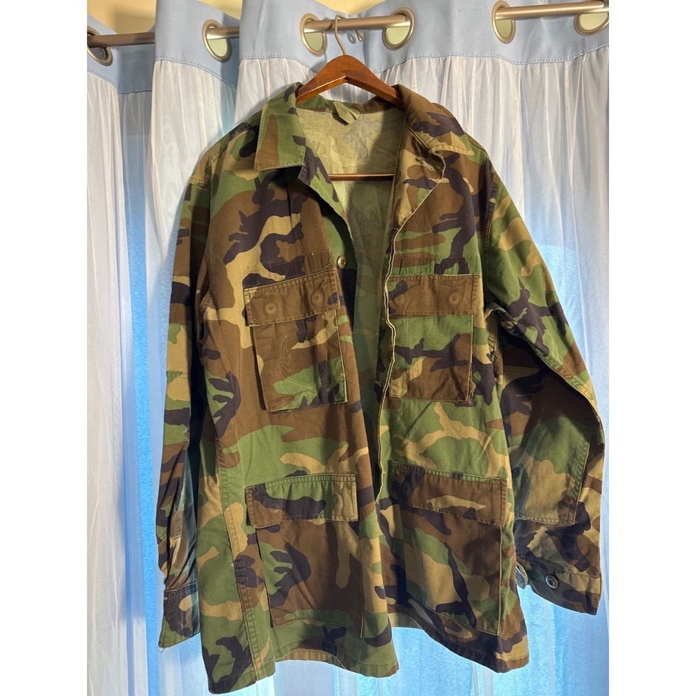 US Military Field Jacket Mens Large Regular BDU Woodland Camo Button-down EUC
